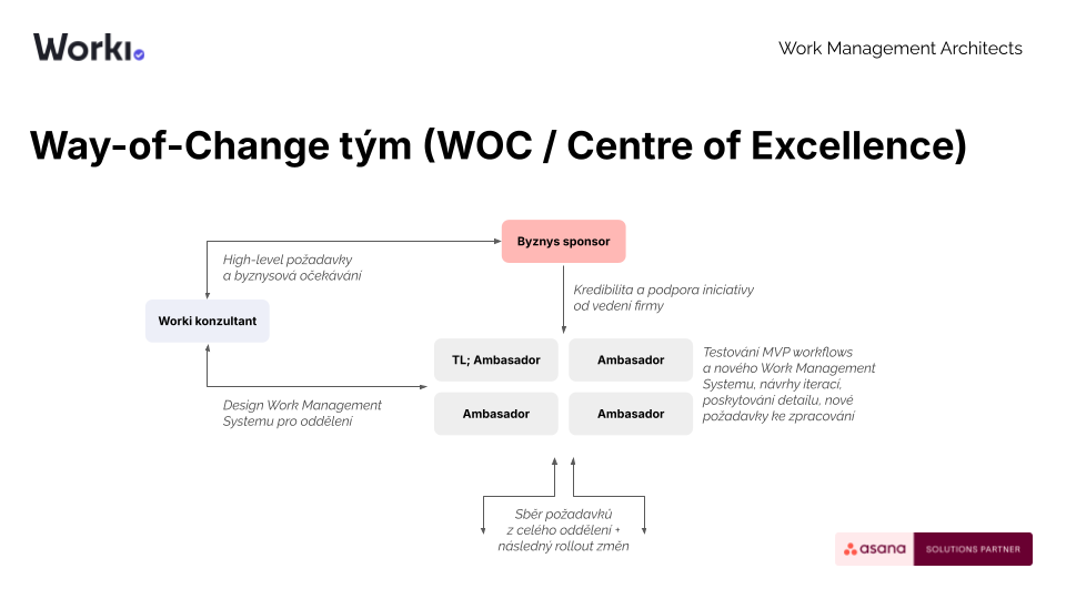 Way-of-Change tým — schéma rolí a toku informací